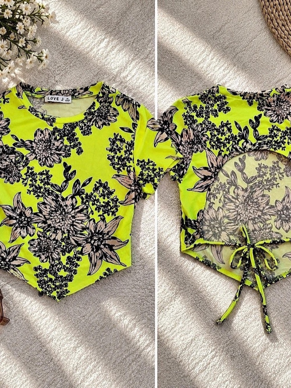 Love J Floral Crop Top in Green & Black Like New